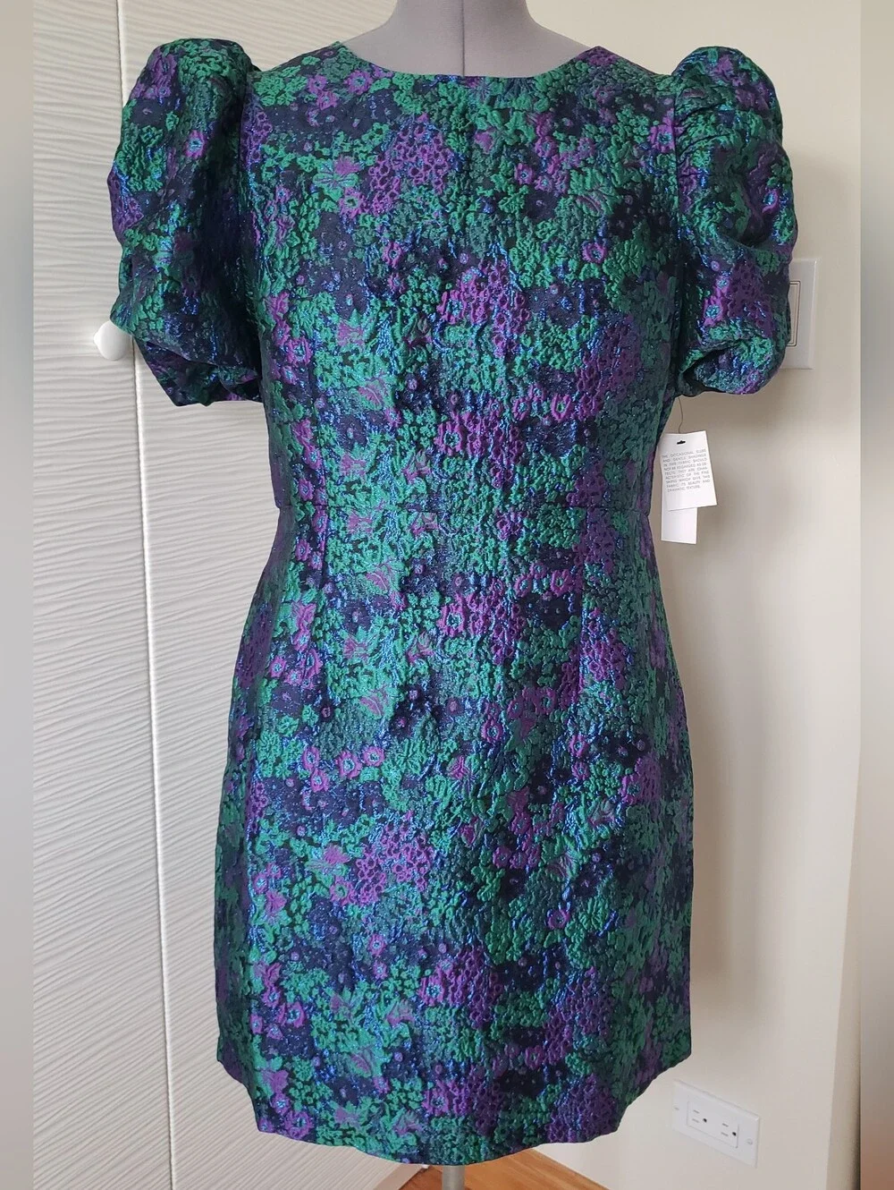 Donna Morgan Textured Puff-Sleeve Mini Dress in Green & Purple. Sz.16 New - Picture 5 of 6